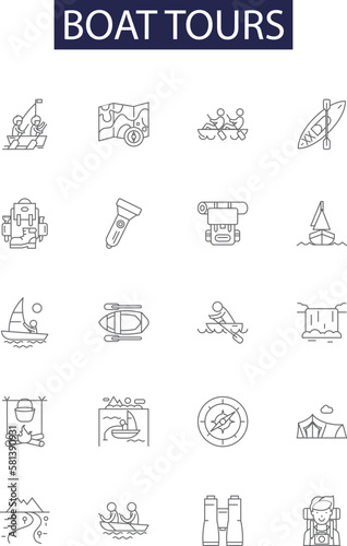 Boat tours line vector icons and signs. Tours, Cruises, Charters, Sightseeing, River, Oceans, Lakes, Harbors outline vector illustration set