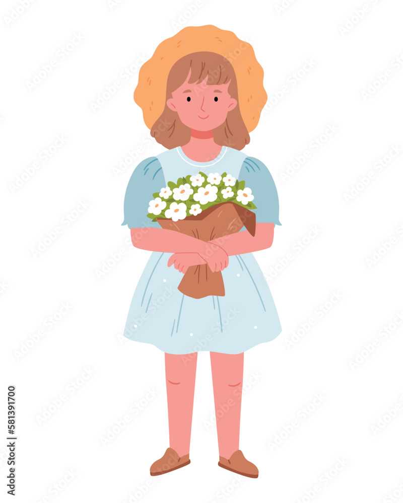 A girl in a straw hat with a bouquet of spring flowers.Poster, print, garden concept.Hand drawn flat illustration. A girl in a straw hat with a bouquet of spring flowers.Poster, print, garden concept.Hand drawn flat illustration.