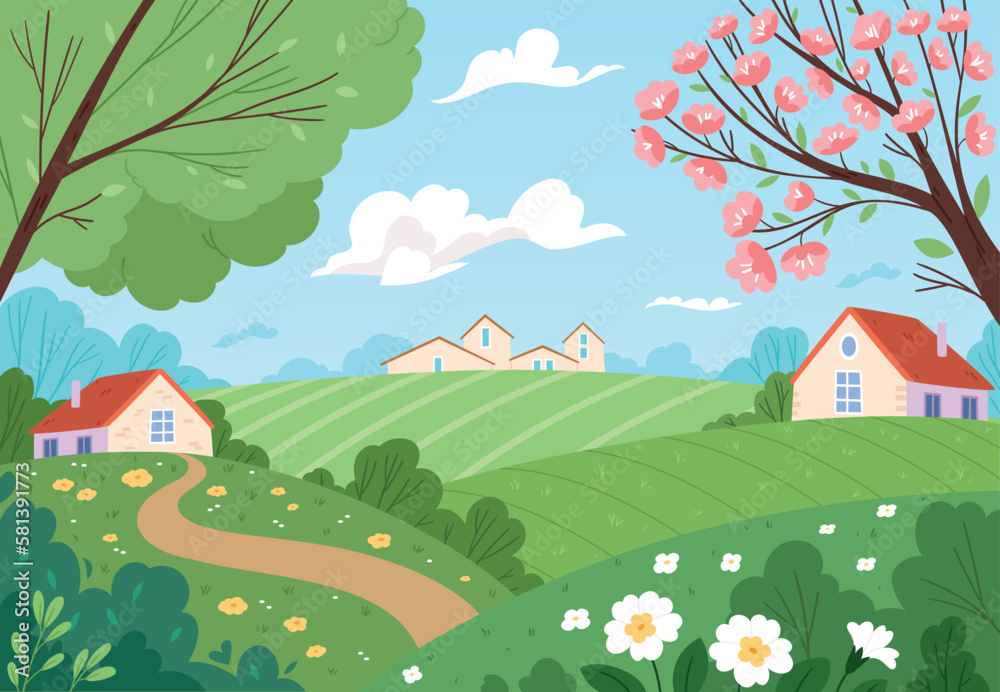 Flat Spring landscape. Rural landscape with blooming trees and fields. Cute houses under the clouds. Minimalism.