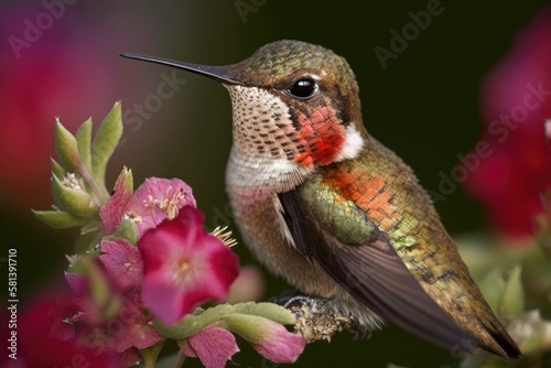 A juvenile Ruby throated humming bird feeding on a flower, Ontario, Canada. Generative AI
