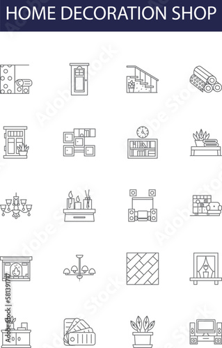 Home decoration shop line vector icons and signs. Furnishing, Interior, Home, Store, Design, Accessorize, Shop, Art outline vector illustration set
