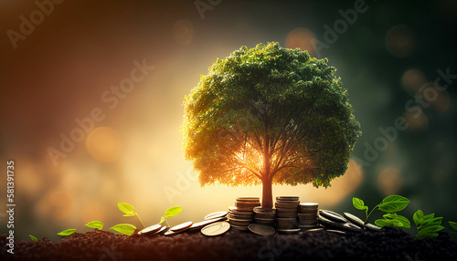 Money growing on a tree. Investment and savings concept. Generative Ai.