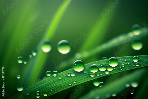 Close-up morning dew on the grass. Large drops of morning dew in nature. Spring summer natural background. Generative AI