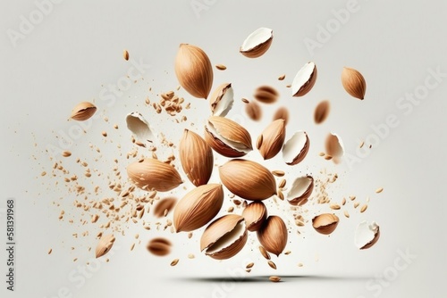 nut flying almonds. Fresh, uncooked almonds drop across a background of white. nut flying almonds. Fresh, uncooked almonds drop across a background of white. Generative AI
