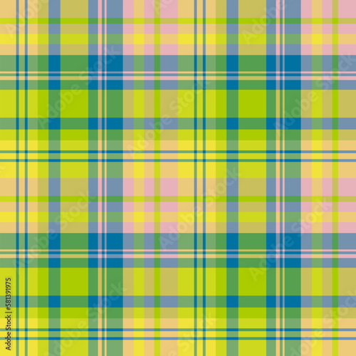 Seamless pattern in pretty yellow, green, blue and pink colors for plaid, fabric, textile, clothes, tablecloth and other things. Vector image.
