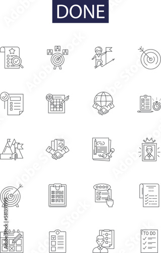 Done line vector icons and signs. Fini, Ended, Over, Executed, Concluded, Terminated, Finished, Realized outline vector illustration set