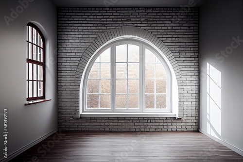 Empty room with arched window and shiplap flooring. Brick wall in loft interior mockup