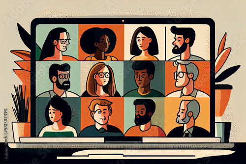 a diverse group of friends or colleagues in a video conference on laptop computer screen