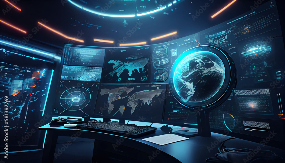 digital global control room with blue screens, ai generative