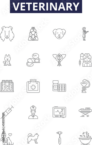 Veterinary line vector icons and signs. Animals, Veterinary, Care, Pet, Medicine, Animal, Surgery, Treatment outline vector illustration set