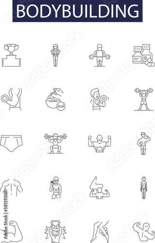 Bodybuilding line vector icons and signs. Muscles, Exercise, Strength, Weightlifting, Fitness, Benchpress, Diet, Gym outline vector illustration set