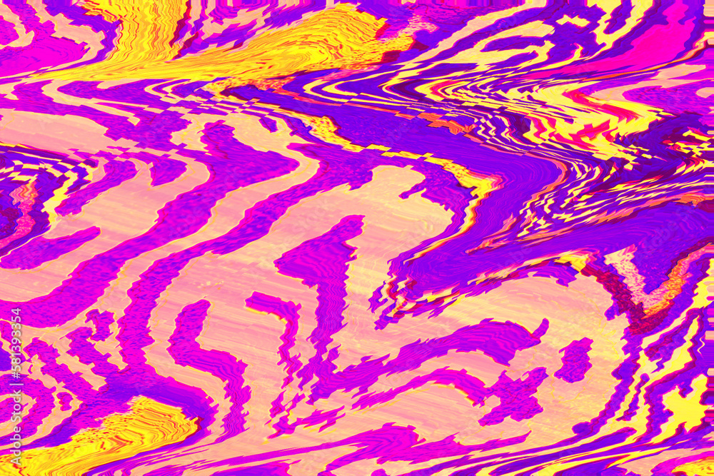 Interlaced digital Distorted Abstract psychedelic trippy orange, purple, pink, black background with motion glitch effect. Striped cyberpunk techno design. Retro groovy, rave 80s,90s, 2000s aesthetic