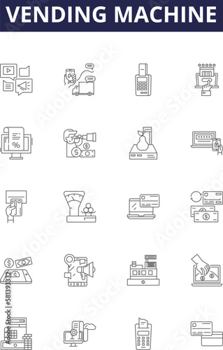 Vending machine line vector icons and signs. Machine, Automated, Retailer, Drinks, Foods, Snacks, Merchandise, Cold outline vector illustration set