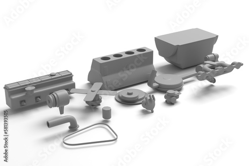 3d illustration. Parts of old car straight inline engine