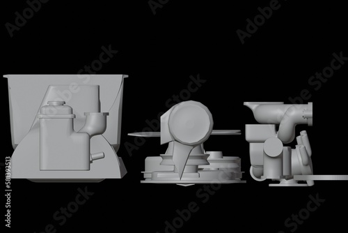 3d illustration. Parts of old car straight inline engine