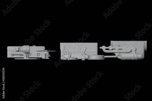 3d illustration. Parts of old car straight inline engine