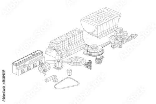 3d illustration. Parts of old car straight inline engine