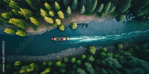 A sports kayak floats along the river in the forest, top view. Generative ai.