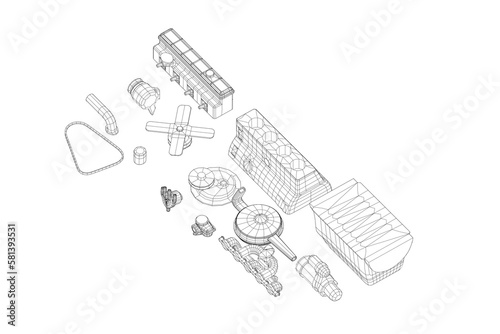 3d illustration. Parts of old car straight inline engine