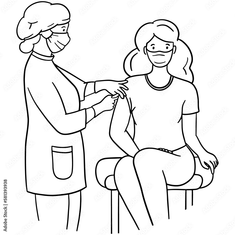 A woman gives an injection with a virus vaccine to a patient, doodle illustration png 