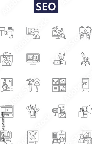 Seo line vector icons and signs. , Keywords, Rankings, Traffic, Crawling, Indexing, Analytics, Meta-tags outline vector illustration set