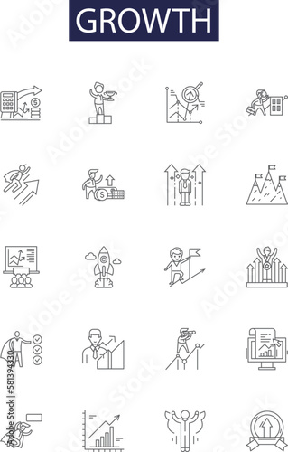 Growth line vector icons and signs. Increase, Advancement, Development, Augmentation, Amplification, Accretion, Proliferation, Prosperity outline vector illustration set