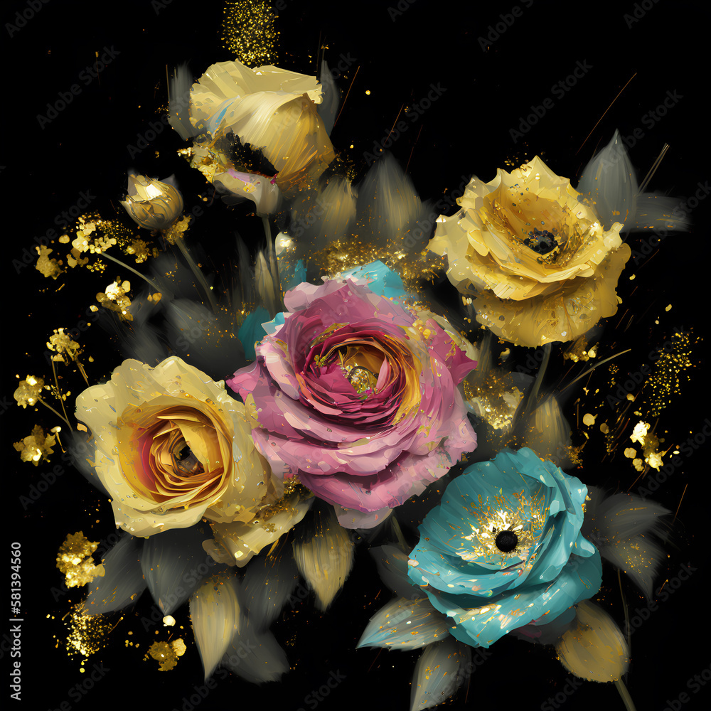 Glitter oil painting bouquet of flowers, Glittery sparkling flower