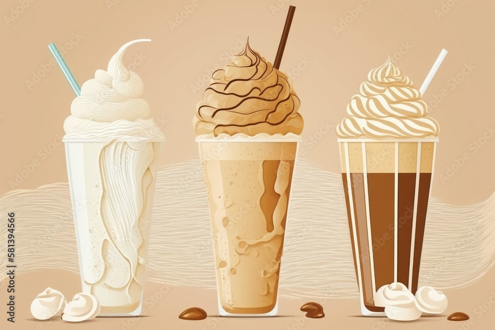 Drinking a cold milk and whipped cream coffee. Frappuccino, latte, and cappuccino foam on a cream background with room for text. chilly coffee cocktail for the summer. Generative AI Drinking a cold milk and whipped cream coffee. Frappuccino, latte, and cappuccino foam on a cream background with room for text. chilly coffee cocktail for the summer. Generative AI