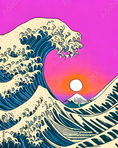 Foto Inspired on the The Great Wave off Kanagawa by Katsushika Hokusai with a sunset background