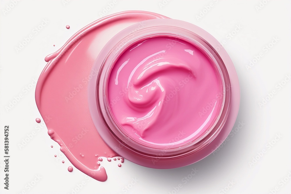 Beauty product, liquid pink blush on white background, top view. Generative ai Beauty product, liquid pink blush on white background, top view. Generative ai