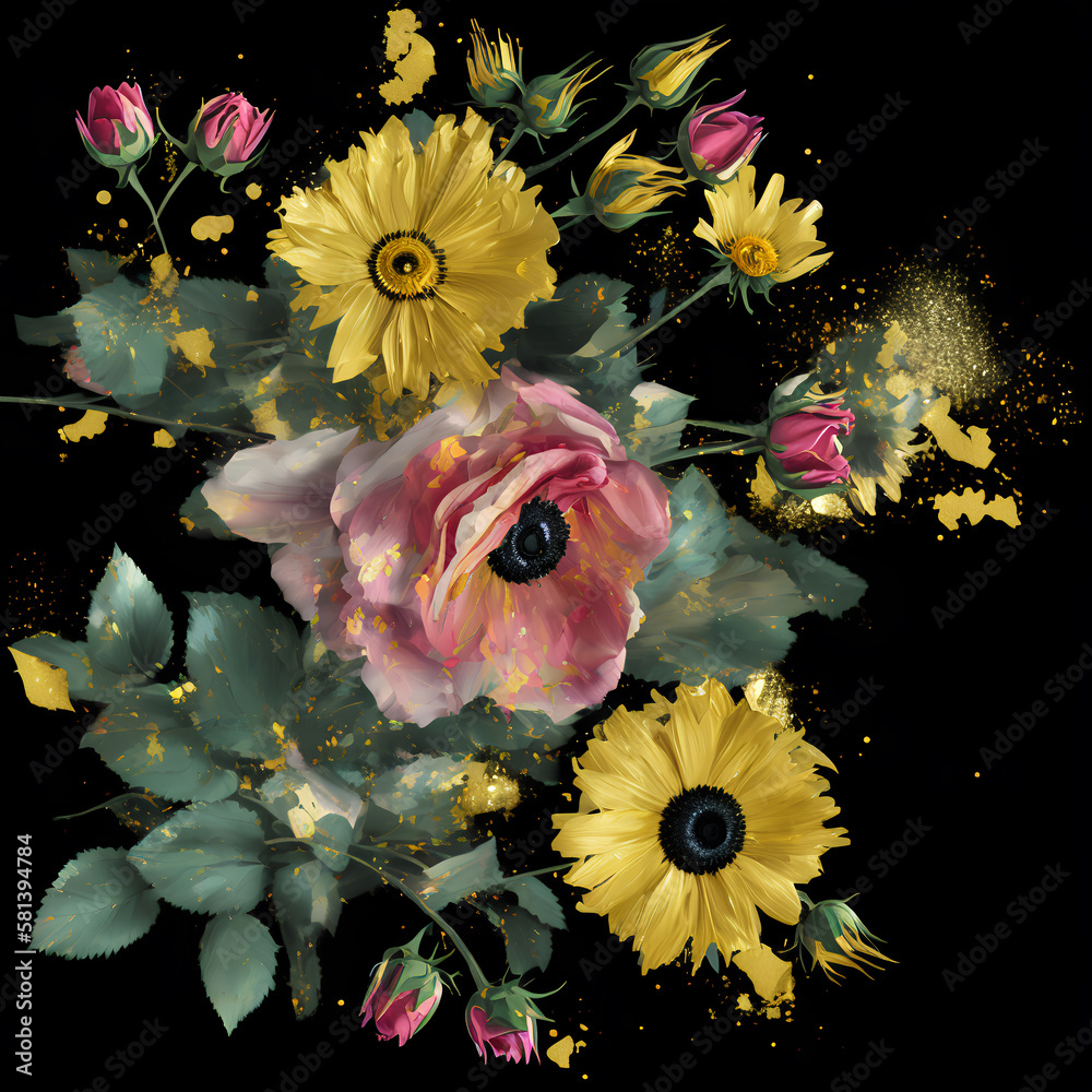 Glitter oil painting bouquet of flowers, Glittery sparkling flower