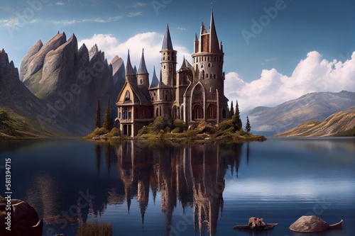 lake and castle made with generative ai