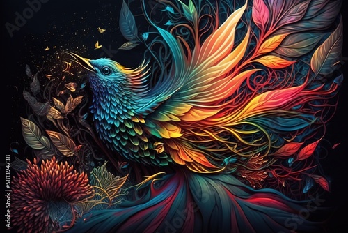 Colorful bird digital art illustration, generative ai © Arisctur