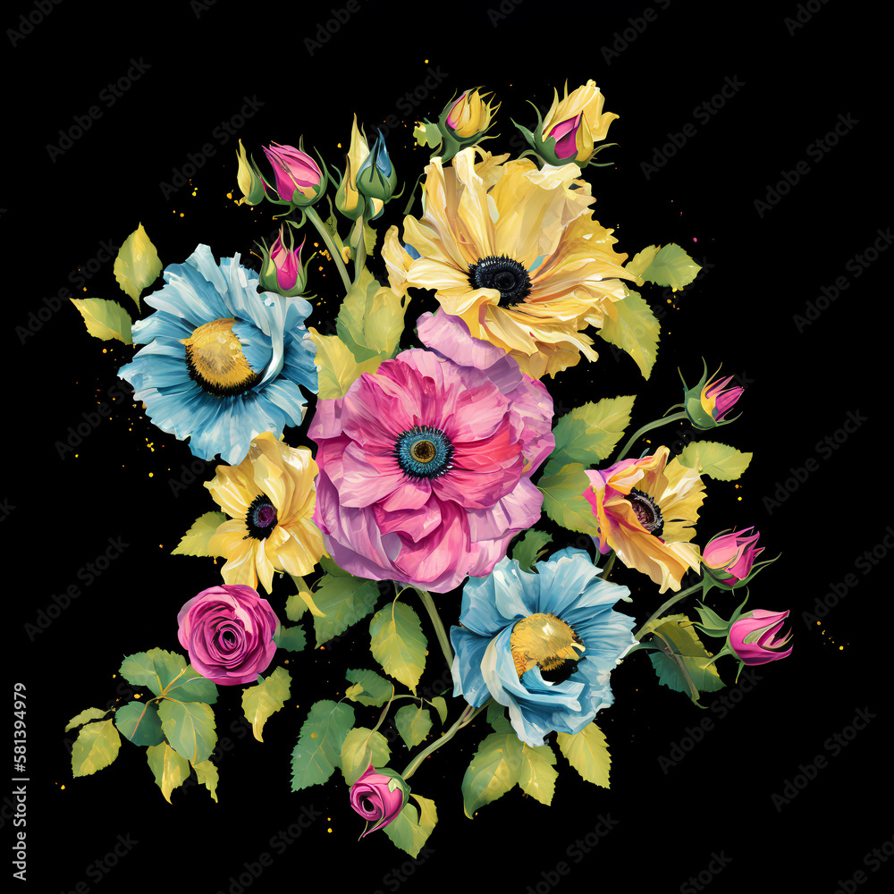 Glitter oil painting bouquet of flowers, Glittery sparkling flower