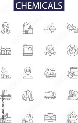 Chemicals line vector icons and signs. Solvents, Compounds, Compounds, Reagents, Gases, Halides, Metals, Oxides outline vector illustration set