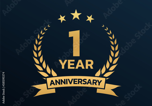 1 year anniversary laurel wreath logo or icon. Jubilee, birthday badge, label or emblem. 1st celebration design element. Vector illustration.