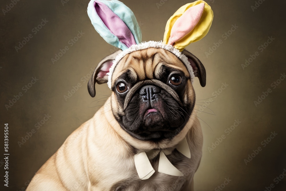 Pug dog in fawn hue wearing headband made of multicolored easter eggs and bunnies. Generative AI