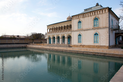 The building of the harem on the shore of the pond. Sitorai-Mohi-Khosa Palace  the country residence of the Emir of Bukhara. Bukhara. Uzbekistan