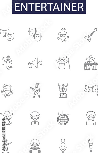 Entertainer line vector icons and signs. Artist, Humorist, Entertainer, Comedian, Clown, Actor, Musician, Speaker outline vector illustration set