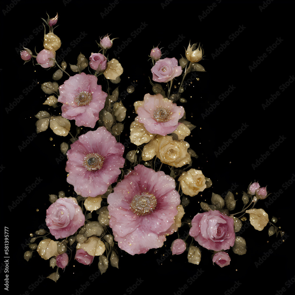 Glitter oil painting bouquet of flowers, Glittery sparkling flower