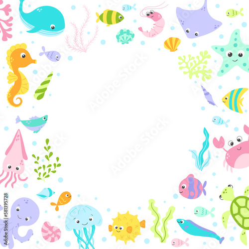 Fototapeta Naklejka Na Ścianę i Meble -  Vector cute fish and wild marine animals circle frame in flat style. Colourful set of ocean and sea life