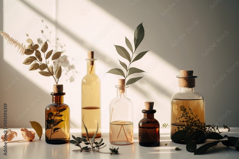 Selection of essential oils, with herbs and flowers in the background