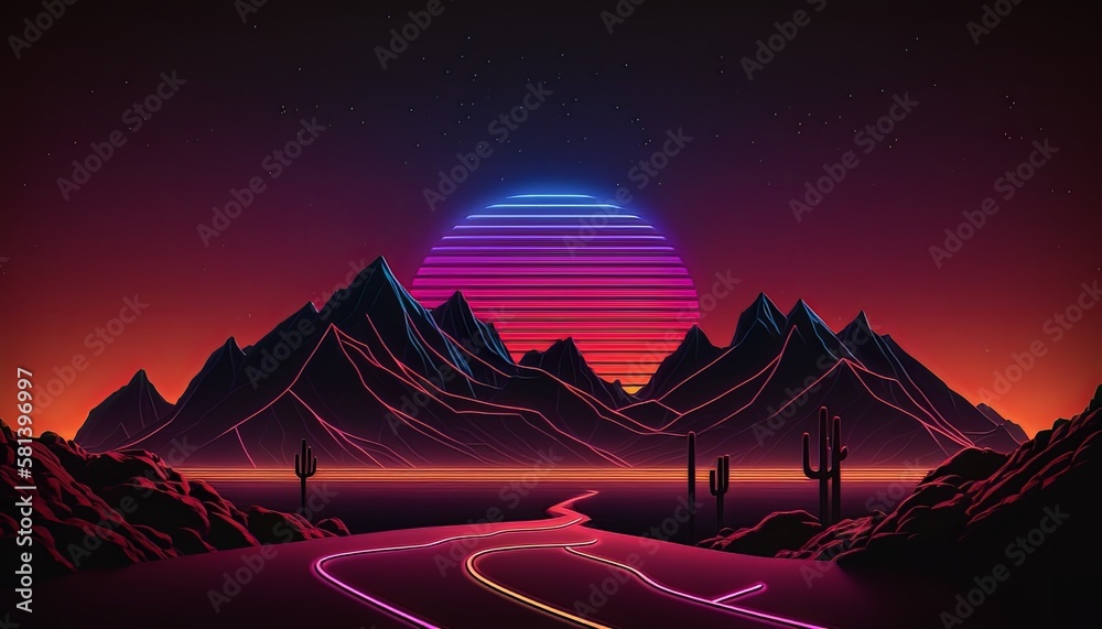 Abstract neon retro road with mountains and sunset backround