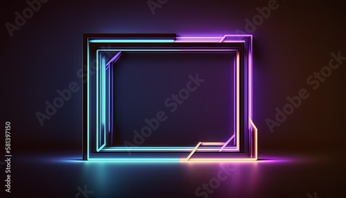 Abstract neon frame. Futuristic background. Figures of light laser. Magenta and blue lines