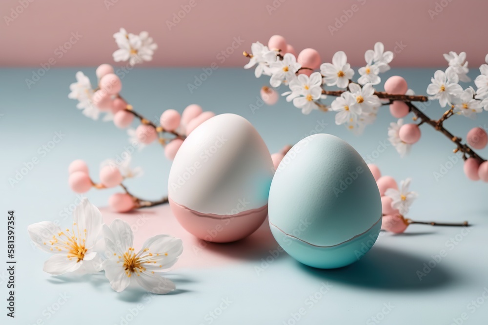 Stylish easter eggs and cherry blossoms