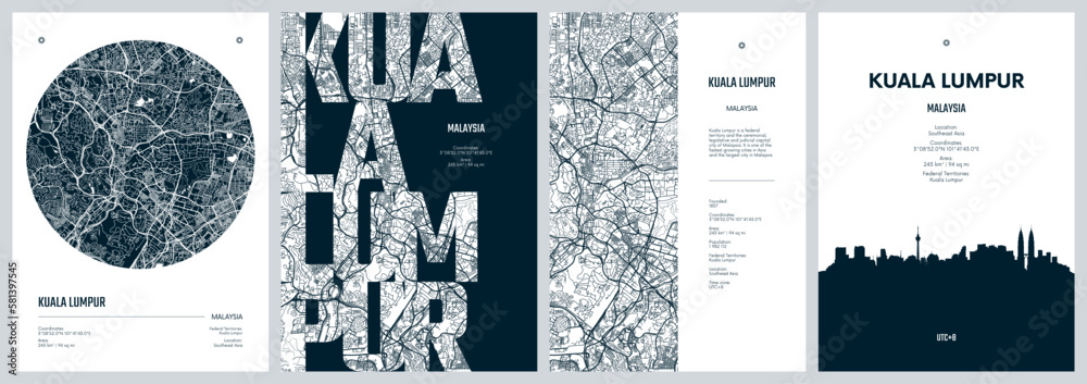 Fototapeta premium Set of travel posters with Kuala Lumpur, detailed urban street plan city map, Silhouette city skyline places of interest, vector artwork