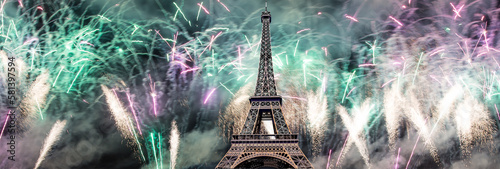 Celebratory colorful fireworks over the Eiffel Tower in Paris, France photo