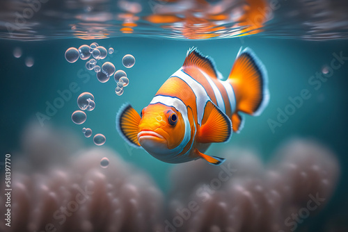 A clownfish swimming in clear ocean water amidst colorful coral Fototapet