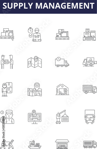 Supply management line vector icons and signs. Sourcing, Logistics, Distribution, Vendor, Inventory, Production, Control, Planning outline vector illustration set