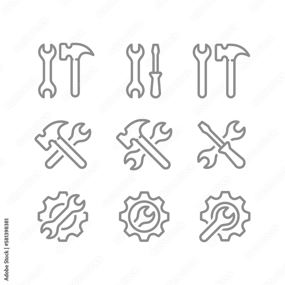 Wrench or spanner and hammer, screwdriver crossed line icon set. Settings, tools and gear outlined icons.